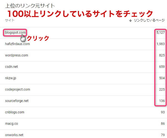 被リンク数が多いサイトをクリック